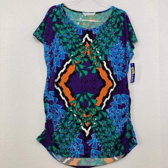 Peter Nygard Tops - New Peter Nygard size XL Colorful Artsy Abstract Ruched Side Stretch Knit Top